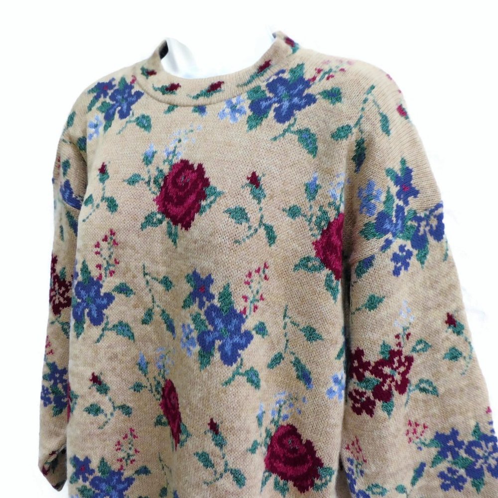 Vintage 80s Knit Sweater Acrylic Cottagecore Floral Country Beige Red Crew Large